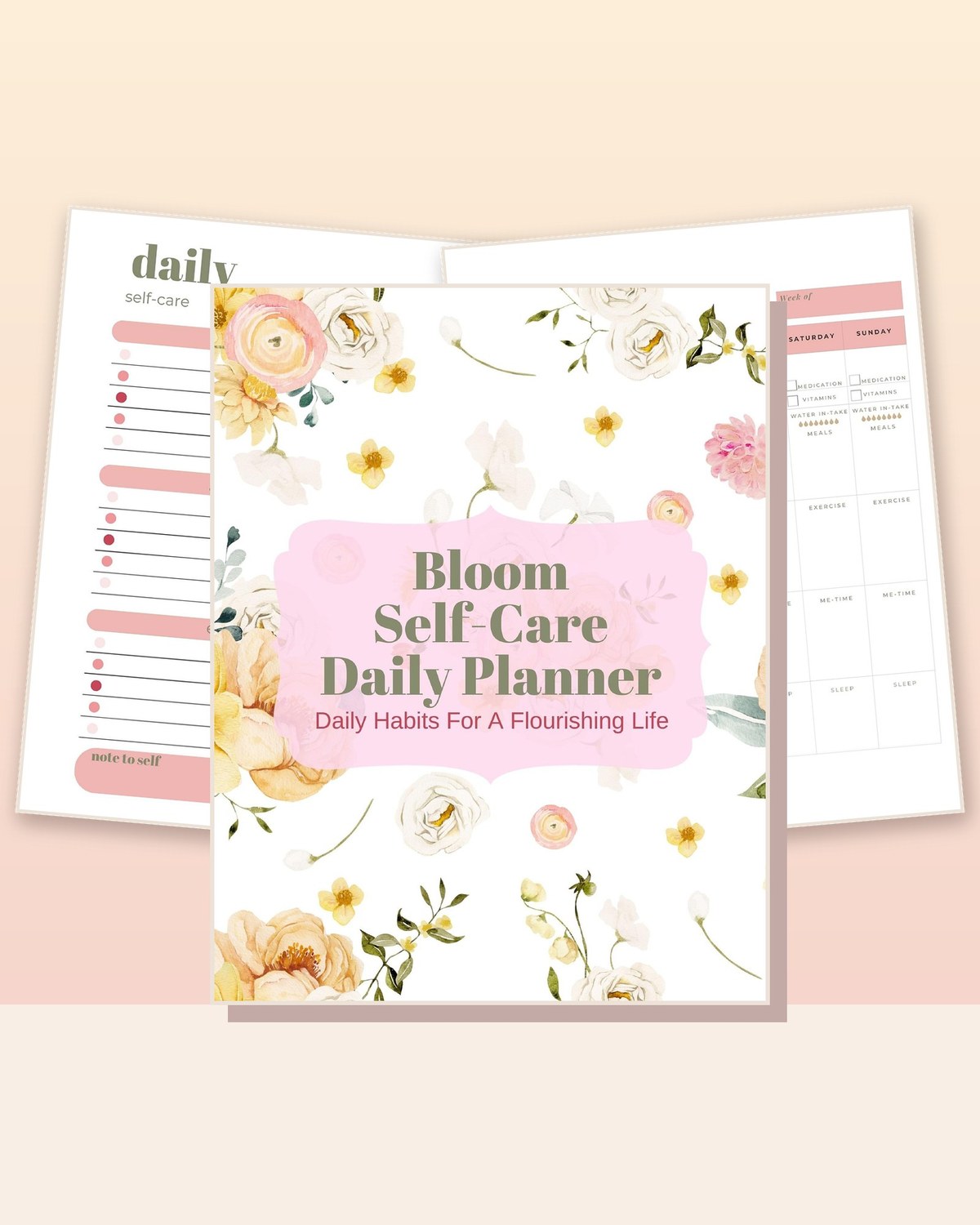 Bloom Self-Care Daily Planner cover options and sample pages